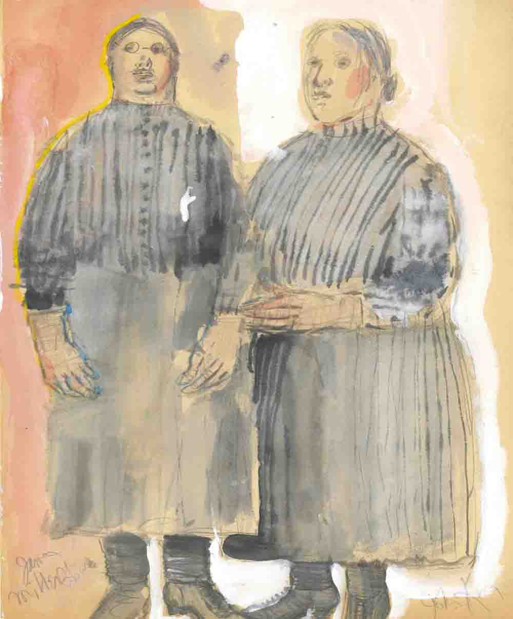 Sketch for James Miller and John King as Ensemble (Men dressed as Women), Wozzeck Gesso/ Graphite/ Watercolor/ Gouache on Paper, 14 x 17 inches